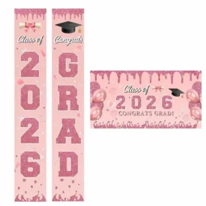 Custom Class Graduation Banner Set, Pink Rose Gold Glitter, Polyester, Digital Printing, Outdoor Hanging