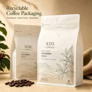 Custom Coffee Bag Mono PE Recyclable Flat Bottom Pouch with One Way Degassing Valve and Zipper