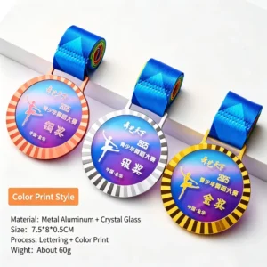 Custom Color Printed Dance Competition Aluminum Crystal Award Medal in Gold, Silver, or Bronze