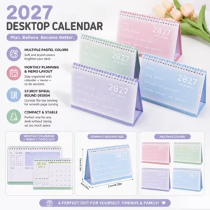Custom Cute PVC Cover Desk Calendar Standing Flip Pocket Watercolor Monthly Planner for Office Gift