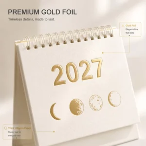 Custom Debossed Minimalist Textured Cream Paper Desk Calendar with Gold Stamp Printing