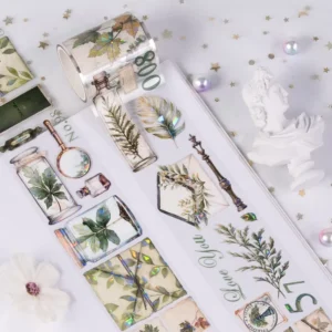 Custom Design Greenery and Glass Bottle Decorative Stickers Shell Holographic Foil Glossy PET Tape for DIY Crafts Supplies