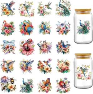 Custom Design UV DTF Stickers Sheets Waterproof Floral Bird Vinyl Decals Manufacturer for Glassware Cups