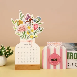 Custom Desktop Wooden Stand English Floral Monthly Calendar
