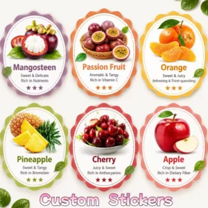 Custom Die Cut Fruit Label Stickers Oil-Proof Eco-Friendly Waterproof Scalloped Edge Self-Adhesive Paper Stickers for Fruit Jar