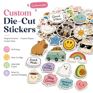 Custom Die-Cut Stickers Waterproof Vinyl Decals Cute Cartoon Kawaii Stickers for Laptop Water Bottle Packaging Journal and Gifts