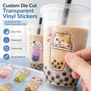 Custom Die Cut Transparent Vinyl Stickers Waterproof Cute Cartoon Decals Custom Size for Bubble Tea Cup Kids Home Decoration