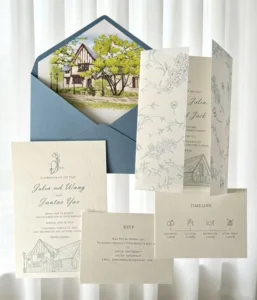Custom Dusty Blue Wedding Invitation Letterpress RSVP Card Vellum Jacket Lining Envelope Set Stationery