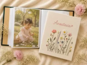 Custom Embroidered Linen Baby Memory Photo Album with Personalized Name Jungle Animal Design