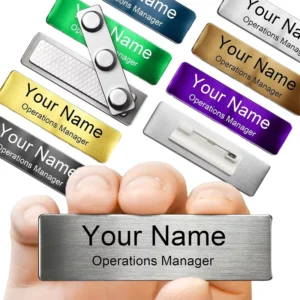 Custom Engraved Printed Stainless Steel Name Tag Name Badge Gold Plated Magnetic Metal Logo