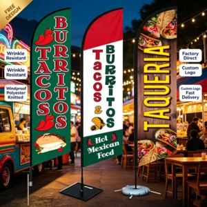 Custom Feather Flag Teardrop Beach Flag Tent Tablecloth Flagpole Kit Tacos Burritos Food Restaurant Banner
