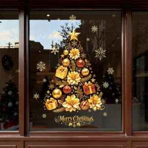 Custom Gold Christmas Tree Static Window Stickers Reusable Water Resistant PVC Cling Decals for Snowflake Ornament Holiday Home