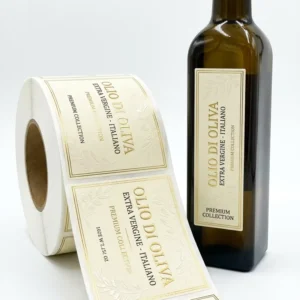 Custom Gold Foil Waterproof Roll Labels for Olive Oil, Peanut Butter, Vodka, and Sparkling Lemonade Bottles