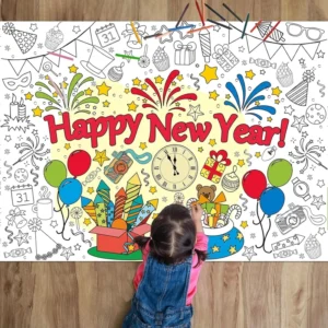 Custom Happy New Year Coloring Games Poster Crafts Poster Pages Banner Table Cover Holiday Party Favors for Family Kids