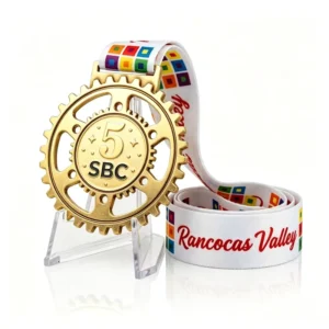 Custom Hollow Gear 3D Embossed Zinc Alloy Sports Race Commemorative Medal, Antique Gold Plating with Printed Ribbon
