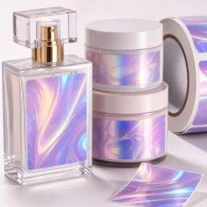 Custom Holographic PET Violet Aurora Pink Iridescent Perfume Sticker Labels for Cosmetic Jars and Bottles