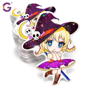 Custom Holographic Star Die-Cut Vinyl Stickers with Witch Cartoon Design