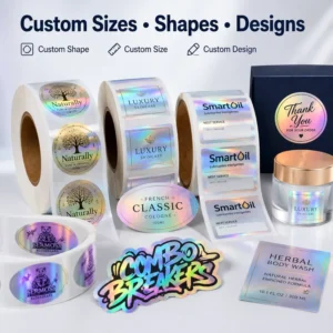 Custom Holographic Waterproof Labels Any Shape or Size for Cosmetic, Skincare, Perfume, and Candle Packaging