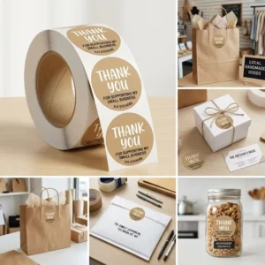 Custom Kraft Thank You Stickers on Waterproof Vinyl Roll Adhesive Labels for Small Business Gift and Product Packaging