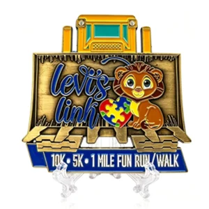 Custom Laser Engraved UV Printed Zinc Alloy Polished Sports Commemorative Medal, Lion Bulldozer Design for Fun Run