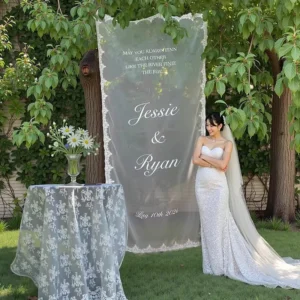 Custom Lettered Lace Welcome Sign Cloth Hanging Wedding Backdrop Banner for Ceremony Photo Booth Check-In Decor