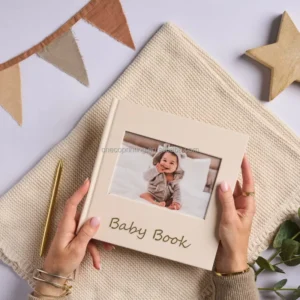 Custom Linen Keepsake Baby First Year Milestone Photo Album & Memory Record Diary Book