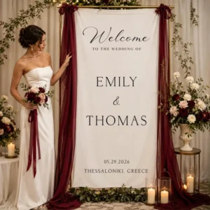 Custom Linen Wedding Welcome Sign with Names and Date, Hanging Fabric Banner for Ceremony and Reception Decor