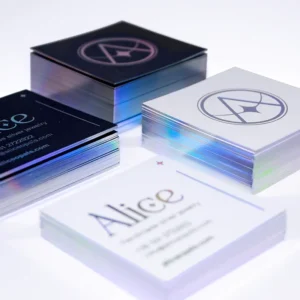 Custom Logo Hologram Silver Foil Edge Square Business Cards, Hot Stamping, Pearl Paper, Double-Sided Printing