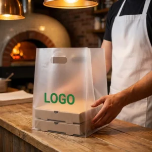 Custom Logo Printed Frosted PE Die-Cut Handle Pizza Takeaway Bag, Reusable Plastic Delivery Bag for Restaurant