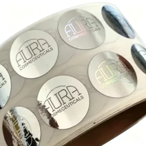 Custom Logo Round Metallic Silver PET Waterproof Holographic Sticker Roll for Cosmetic Packaging