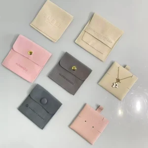 Custom Logo Snap Cream Rose Envelope Flap Suede Jewelry Earring Necklace Pouch Microfiber Jewelry Pouches with Insert Pad