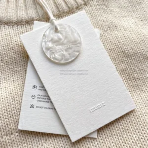 Custom Luxury Cotton Paper Clothing Hang Tags with Shell Button and Cotton String, Embossed Printed Apparel Tags