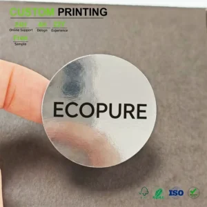 Custom Metallic Silver Circular Sticker with Black Typography for Product Packaging, Bulk