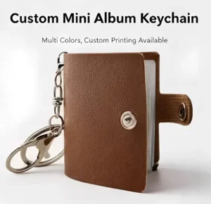 Custom Mini Album Keychain PU Leather Photo Book Key Ring with Snap Button and Lobster Clasp for Men and Women