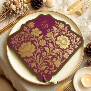 Custom Monogram White Paper Fan Invitation Gold Foil Embossed Vintage Wedding Table Decor