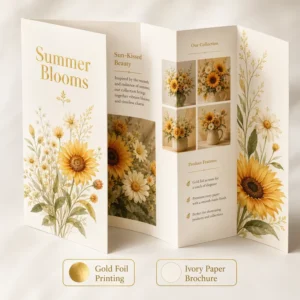 Custom Offset Trifold Brochure Gold Foil Stamping Burgundy Textured Paper Folded Booklet Floral Leaflet Wedding Gift Packaging