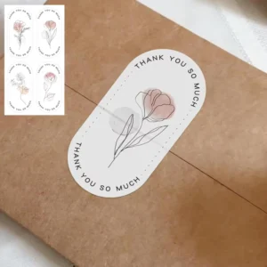 Custom Oval Thank You Stickers with Floral Line Art Watercolor Labels for Packaging and Gift Wrap