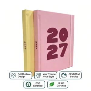 Custom PU Leather Hardcover Calendar with Tie Strap, Ribbon Bookmarks and Burgundy Edge for Business Gifts