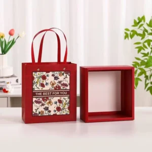 Custom Paper Flower Gift Box with Transparent Window and Handle, Gold Foil Printing, Glossy Lamination, 3 mm Thick