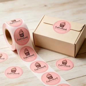 Custom Pink Cupcake Printed Round Adhesive Dessert Bakery Labels Roll for Homemade Food Gift Packaging