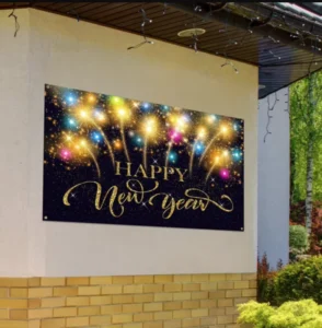 Custom Portable Banner with UV Printing Black Background Gold Fireworks Design Multi-Person Photo Backdrop