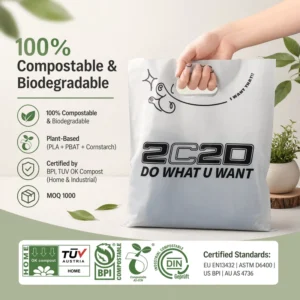 Custom Printed Biodegradable Frosted Plastic Makeup and Storage Bag with Die-Cut Handle