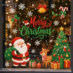Custom Printed Christmas Window Clings Reusable Static Glass Stickers Removable No Glue Santa Snowflake Xmas Tree Decals
