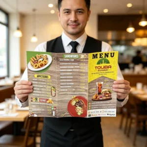 Custom Printed Full Color 200gsm Matte Laminated Coated Paper Tri-Fold Restaurant Menu Flyer