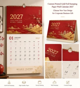 Custom Printed Gold Foil Stamping Paper Wall Calendar Chinese New Year Design for Corporate Business Gift