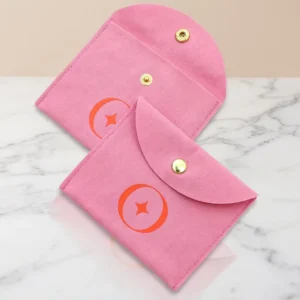 Custom Printed Logo Snap Button Flap Microfiber Suede Jewelry Pouch for Earrings Necklaces and Rings