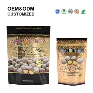 Custom Printed Plastic Stand Pouches with Resealable Zipper for Sugar, Toffee, Macadamia Nuts, and Chocolate