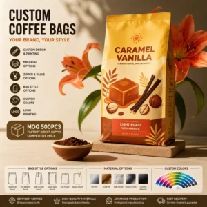 Custom Printed Recyclable Coffee Bean Stand-Up Pouch with Valve, Zipper, and Flat Bottom