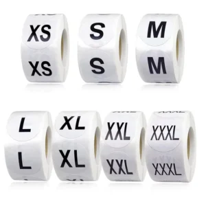 Custom Printed Round Self-Adhesive Coded Apparel Size Labels for T-Shirts, Skirts, Sweaters, and Trousers