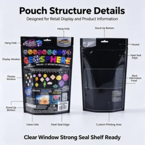 Custom Printed Stand-Up Pouch with Clear Window, Hang Hole, and Heat-Seal Plastic Retail Packaging for Toys, Hardware, and Gifts